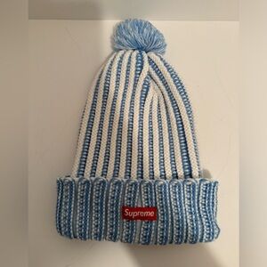 Supreme Pom Pom knit Beanie Hat Blue/White Striped One Size